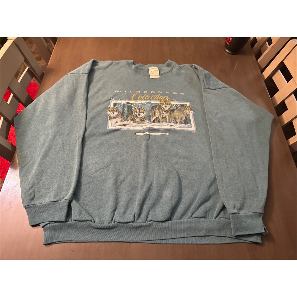 Vintage 90's Wolf Pack Crewneck Sweatshirt Mens 3XL  Green Faded Worn  USA Made